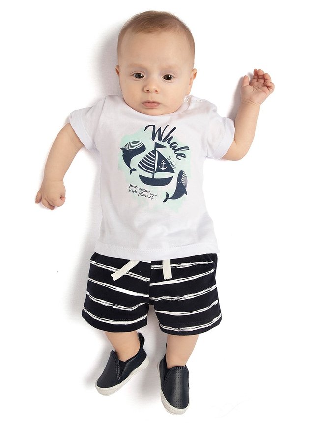 Conjunto Bebê Camiseta Branca Dino e Bermuda (P/M/G) para Bebê